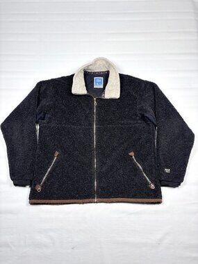 VTG 90s Alf Kuhl Made in USA Deep Pile Fleece Jacket XL Black Sherpa Aztec Trim
